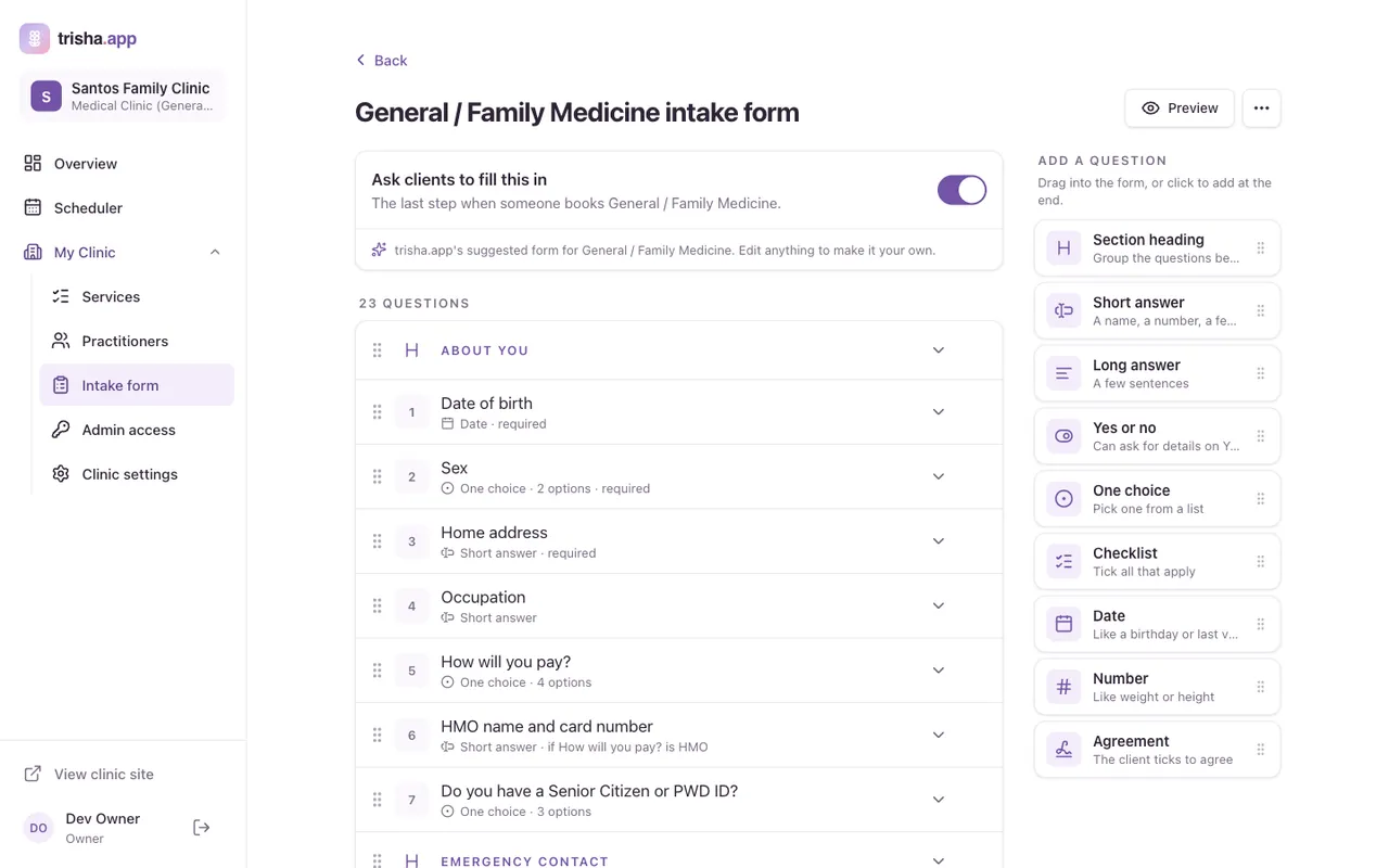 The intake form builder, with a General and Family Medicine form and the question types to add