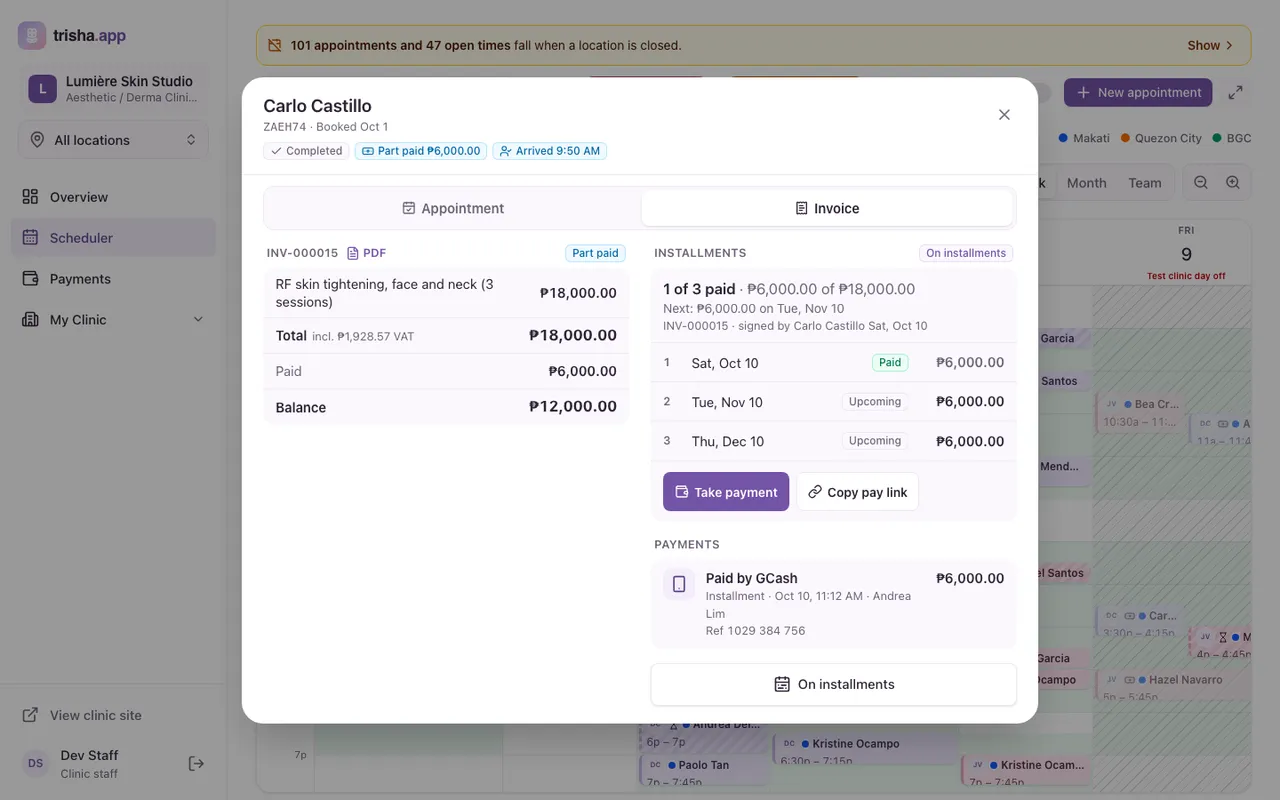 An ₱18,000 invoice at Lumière Skin Studio on three monthly installments, with the first one paid by GCash