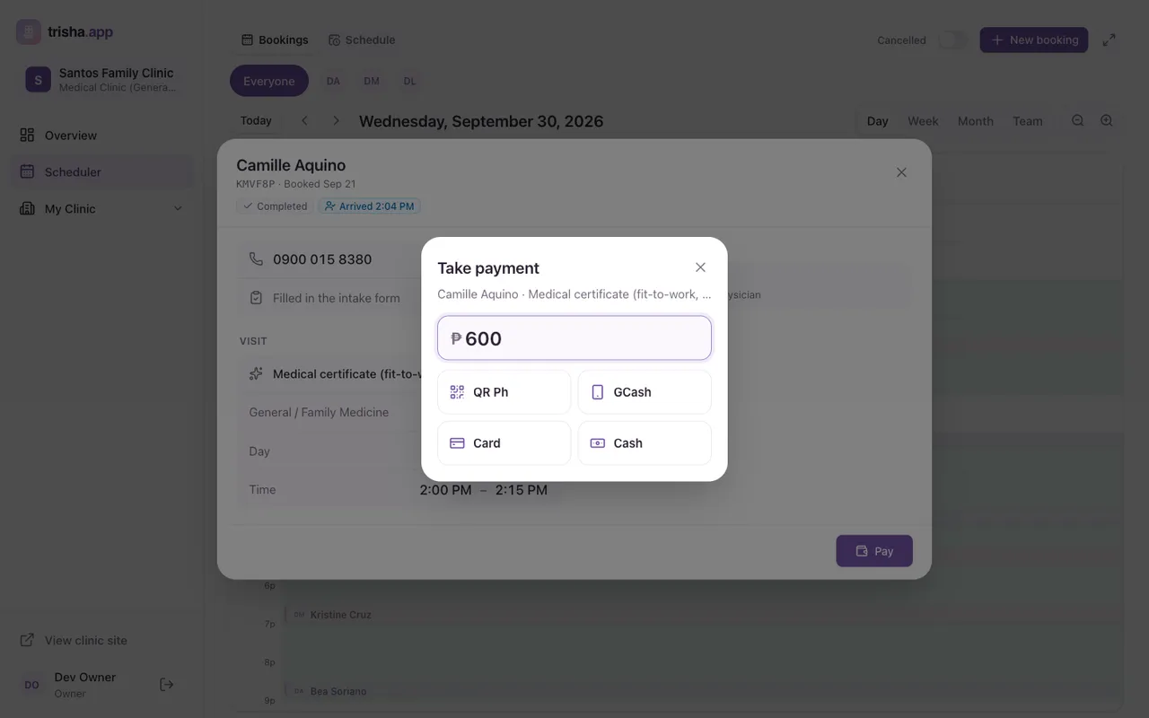 Taking payment for a completed visit, with QR Ph, GCash, card and cash as options