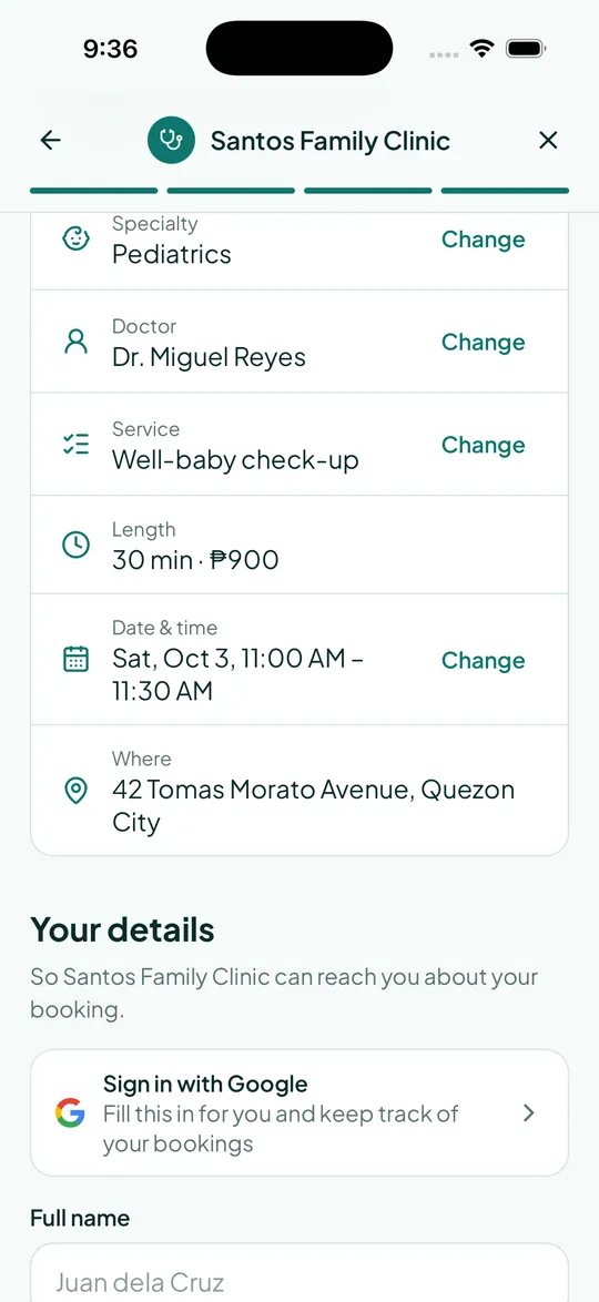 A client reviewing their appointment at Santos Family Clinic on a phone
