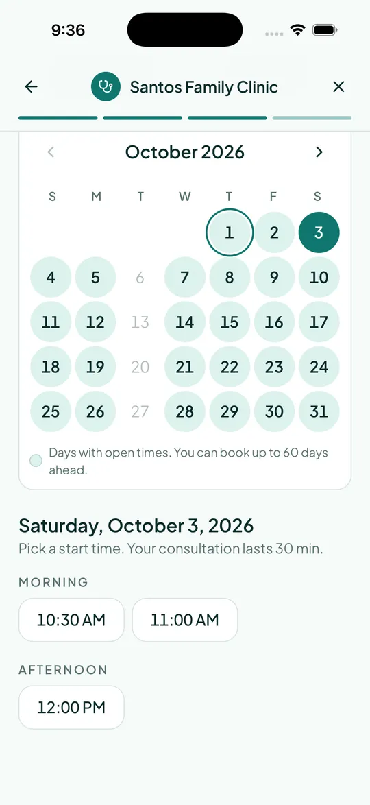 Choosing a day and time when booking a consultation at Santos Family Clinic on a phone