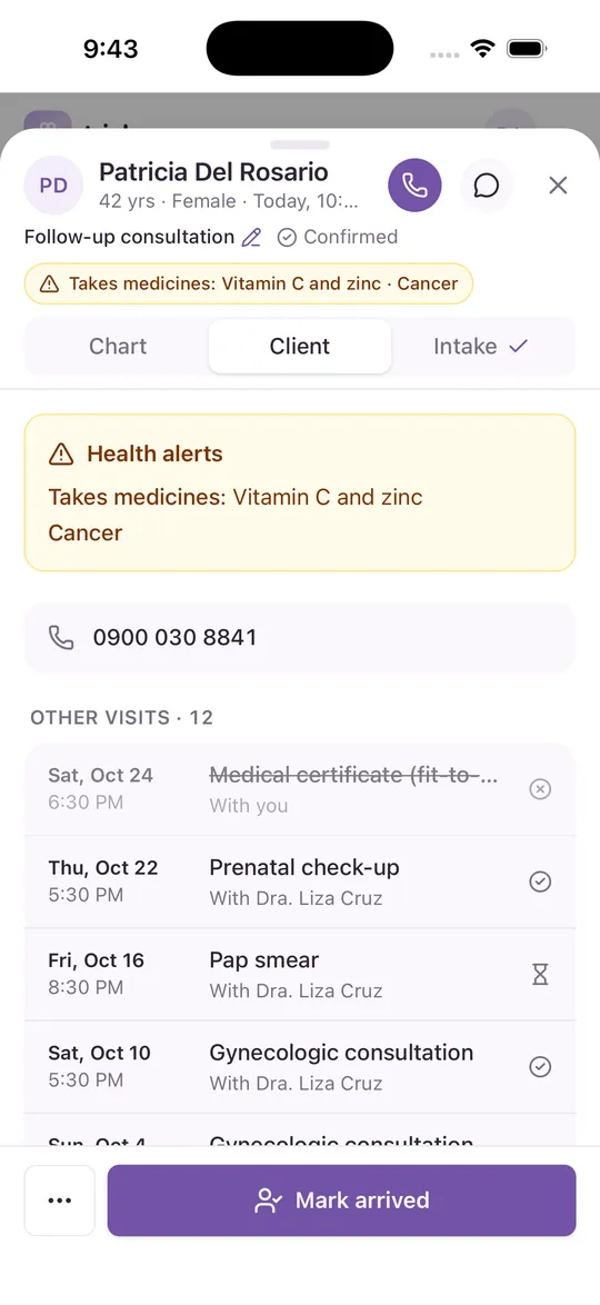 A practitioner’s view of an appointment on a phone, with the client’s health alerts and past visits