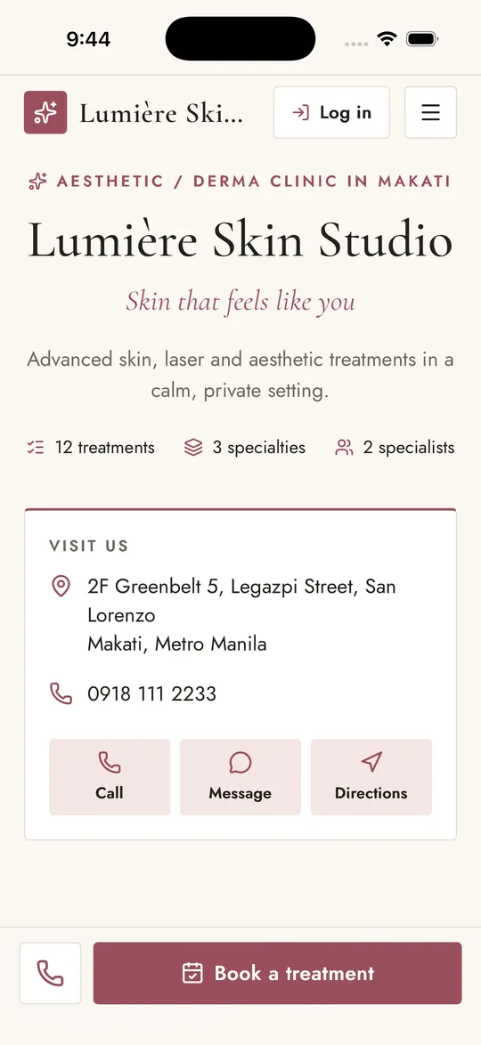 Lumière Skin Studio’s website on a phone