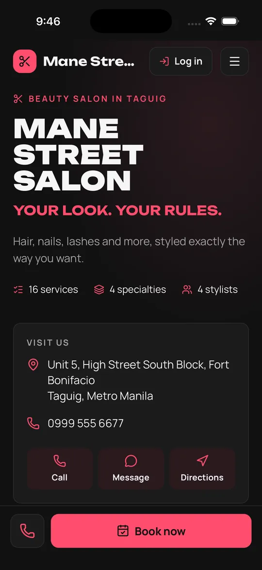 Mane Street Salon’s website on a phone