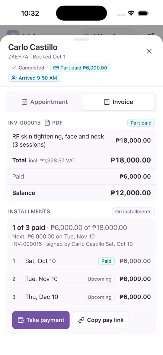 The same installment plan on a phone, with Take payment and Copy pay link