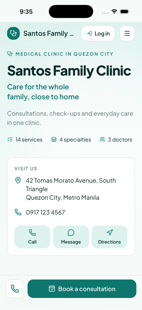 Santos Family Clinic’s website on a phone