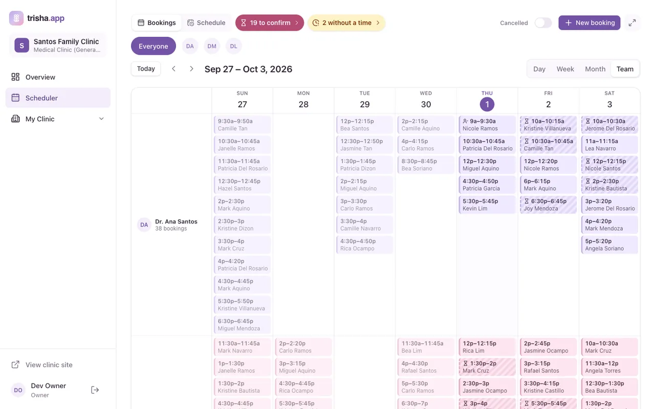The clinic scheduler in team view, with a row of appointments for each practitioner