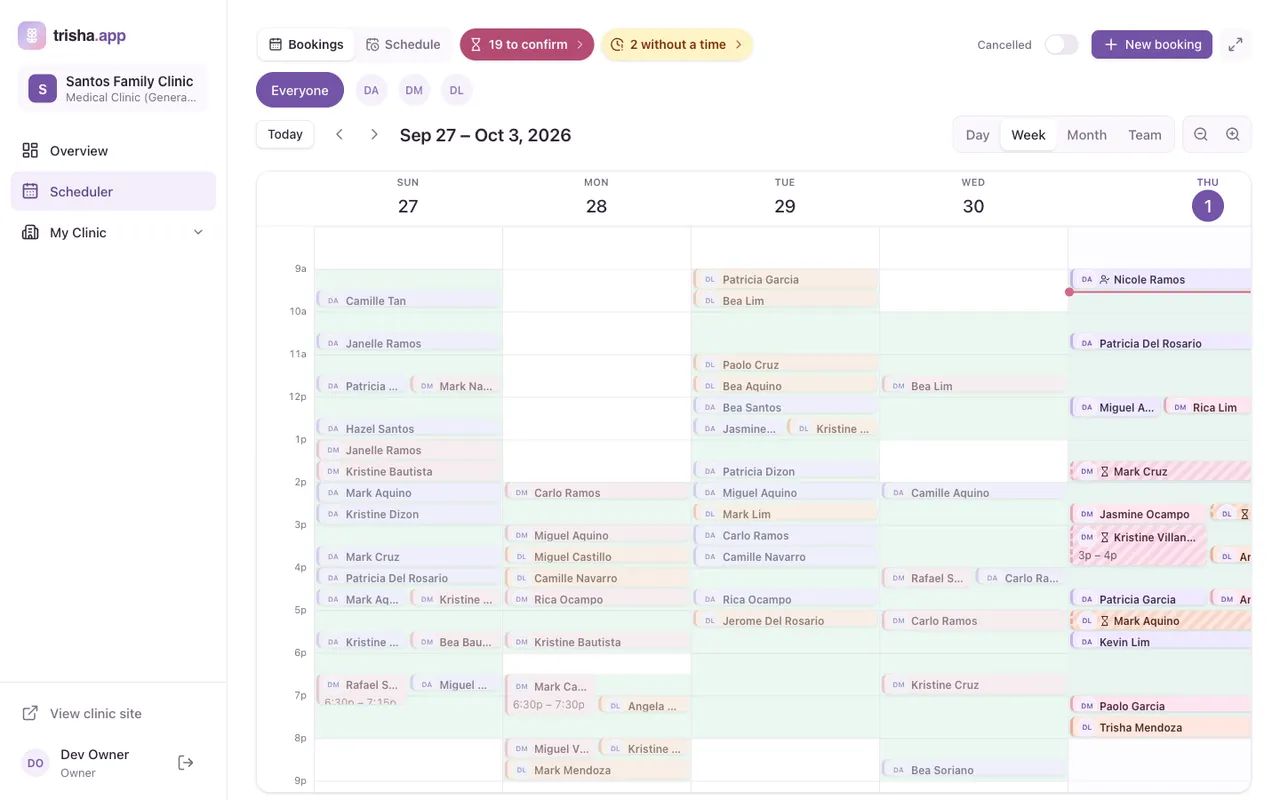 The trisha.app clinic scheduler showing a week of appointments for Santos Family Clinic