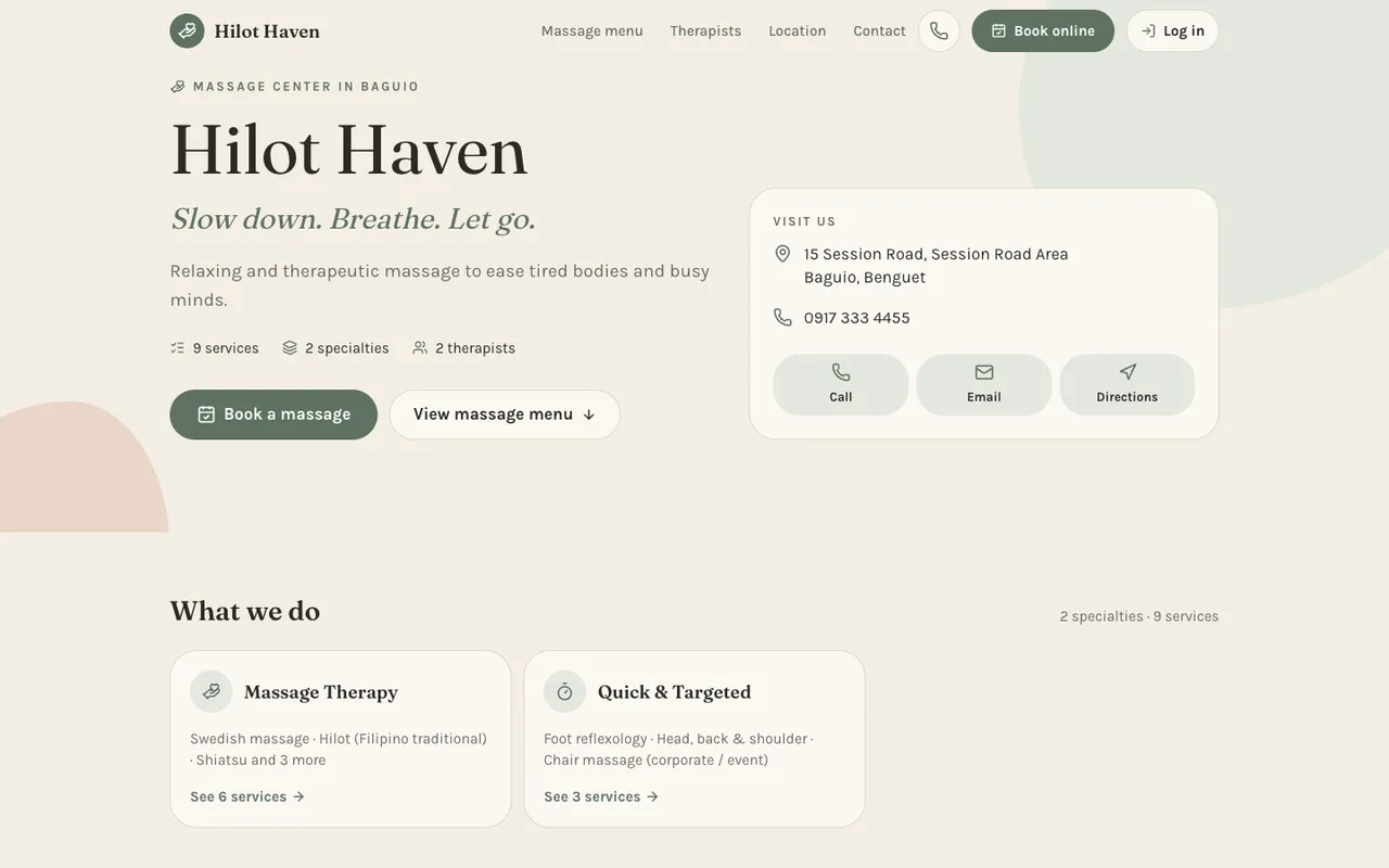 The website of Hilot Haven, a demo massage center, in the Calm style