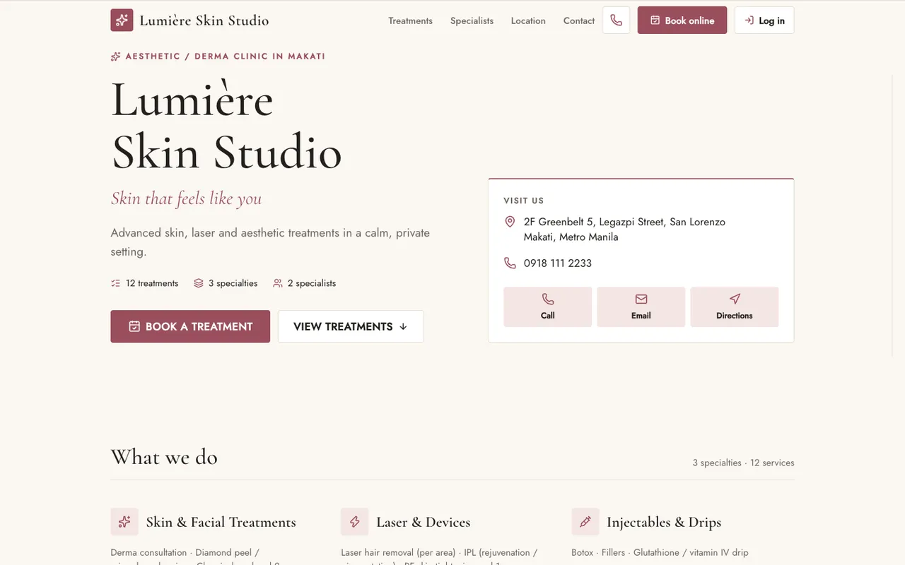 The website of Lumière Skin Studio, a demo aesthetic and derma clinic, in the Luxe style