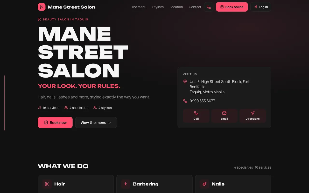 The website of Mane Street Salon, a demo beauty salon, in the Bold style