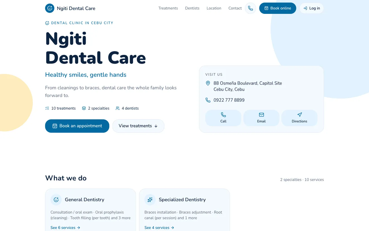 The website of Ngiti Dental Care, a demo dental clinic, in the Dental style
