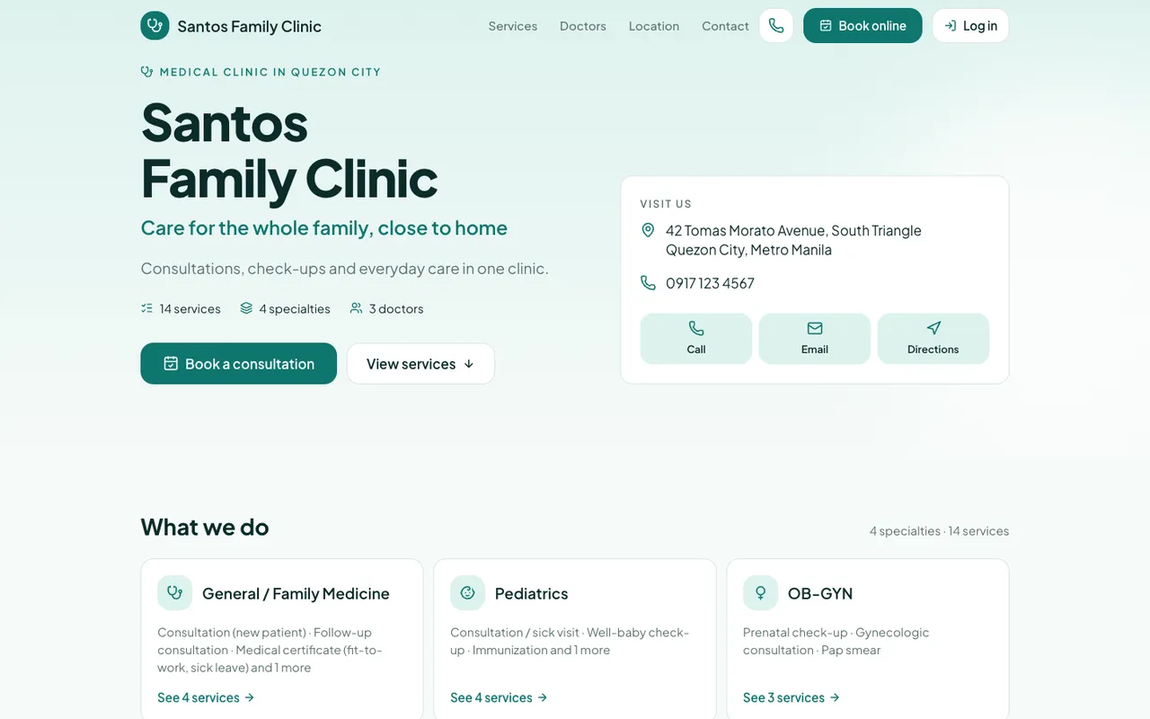 The website of Santos Family Clinic, a demo medical clinic, in the Clinical style
